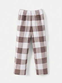 SHEIN 2 件青少年男孩宽松休闲简约长袖衬衫和格子法兰绒裤睡衣套装，秋冬季 - 卡其色 - 查看 4