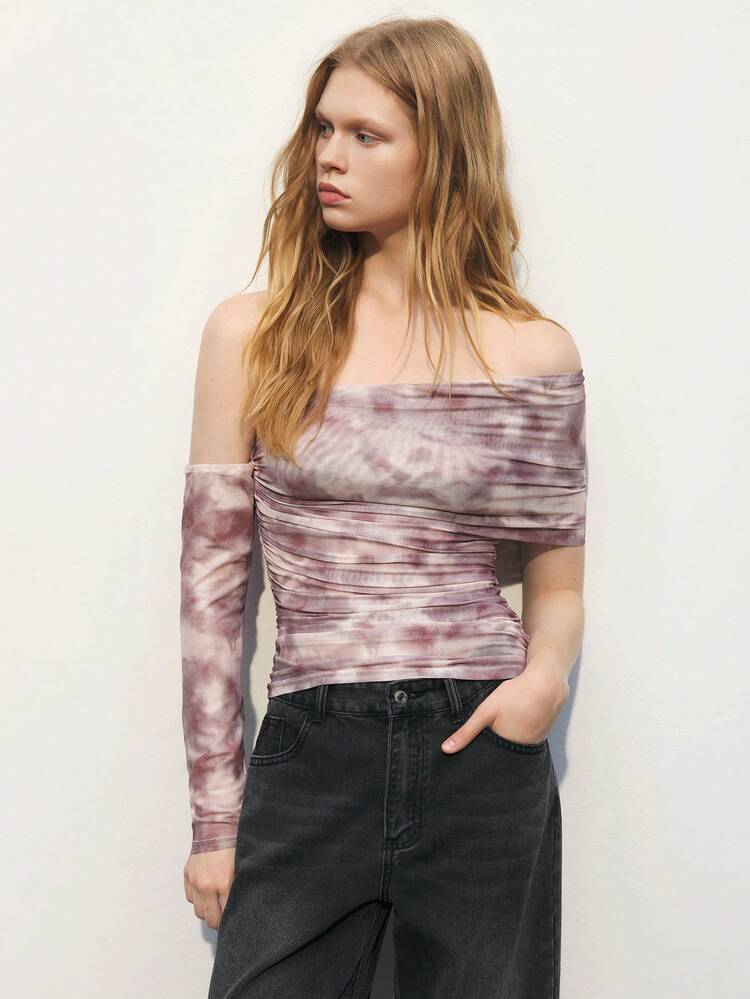 SHEIN Maija 1 pieza Blusa de ajuste ceñido con cuello asimétrico y efecto tie-dye de moda para mujer, otoño