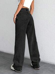 EURMUSE 100% Cotton Low Waist Snow Wash Wide Leg Jeans - Black - View 2
