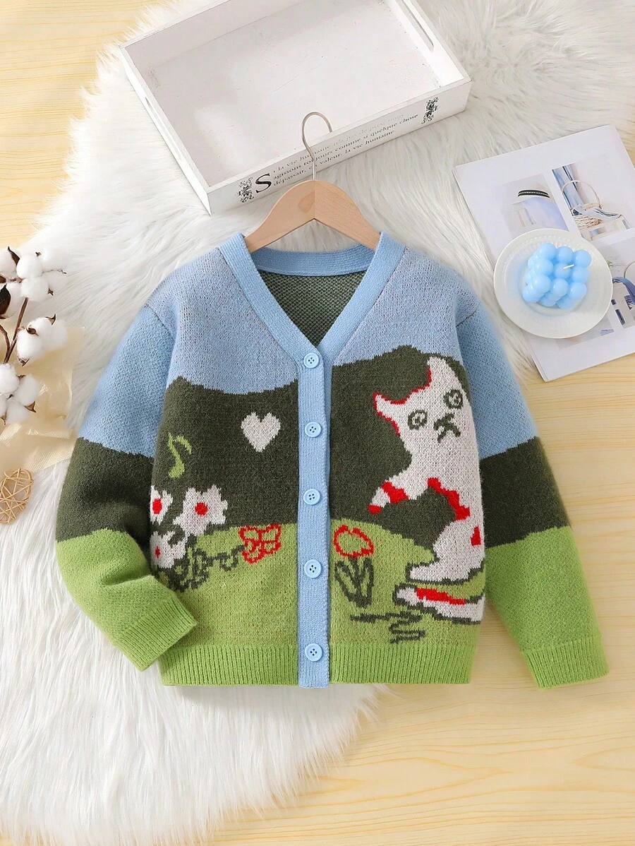 SHEIN Tween Girl Girls Cardigan Sweater, Personalized Cute Warm V-Neck Cardigan For Autumn And Winter - Blue - View 1