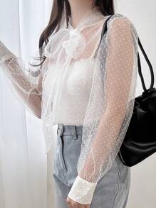 FRIFUL 女士纯色前系带透明长袖上衣，休闲度假