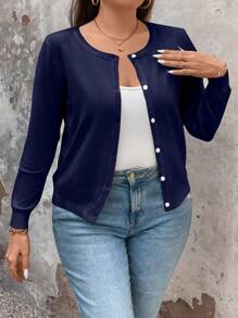 Plus Size Plain Button Front Long Sleeve Casual Jacket, For Winter Fall Cloth For Women - Blue - View 5
