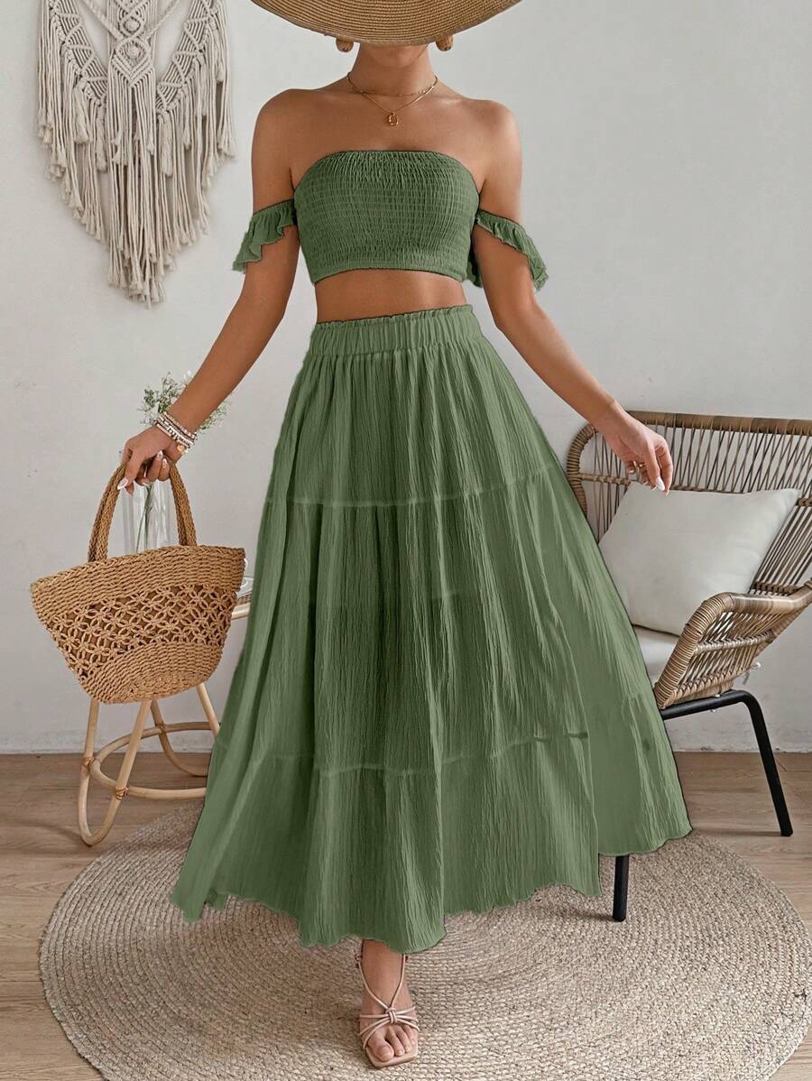 SHEIN LUNE Bộ 2 chiếc váy xếp nếp lệch vai màu trơn có vạt trên và váy xẻ tà - màu xanh lá - Xem 1