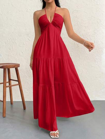 Firerie Vestido con cuello halter en V, plisado, espalda descubierta y corte evasé, con estampado floral romántico, para vacaciones en la playa, para mujeres, estilo verano Hawai