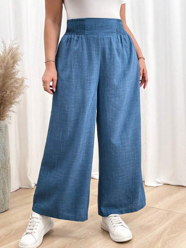 SHEIN Essnce بنطال كاجوال فضفاض ومريح للنساء البدينات للصيف والخريف، ذو جيوب وخصر مطاطي للساق المكشوفة باللون الأزرق، تصميم بنطلونات النساء البدينات للخريف، ملابس الحضور للمدرسة