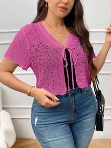 SHEIN Essnce Plus Size V-Neck Ruffled Hem Hollow Tie Front Knitted Short Sleeve Cropped Cardigan - Hot Pink - View 5