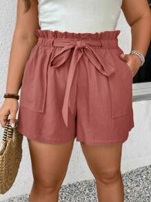 SHEIN Frenchy Plus Size Women Solid Color Ruffle Waist Tie Pocket Loose Casual Shorts