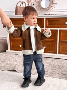 SHEIN 男婴复古仿皮厚羊毛夹克，适合秋冬季 - 棕色 - 查看 5