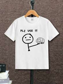 SHEIN 1 件 Tween 男孩有趣圖案印花基本款圓領短袖 T 卹 - 白色 - 查看 1