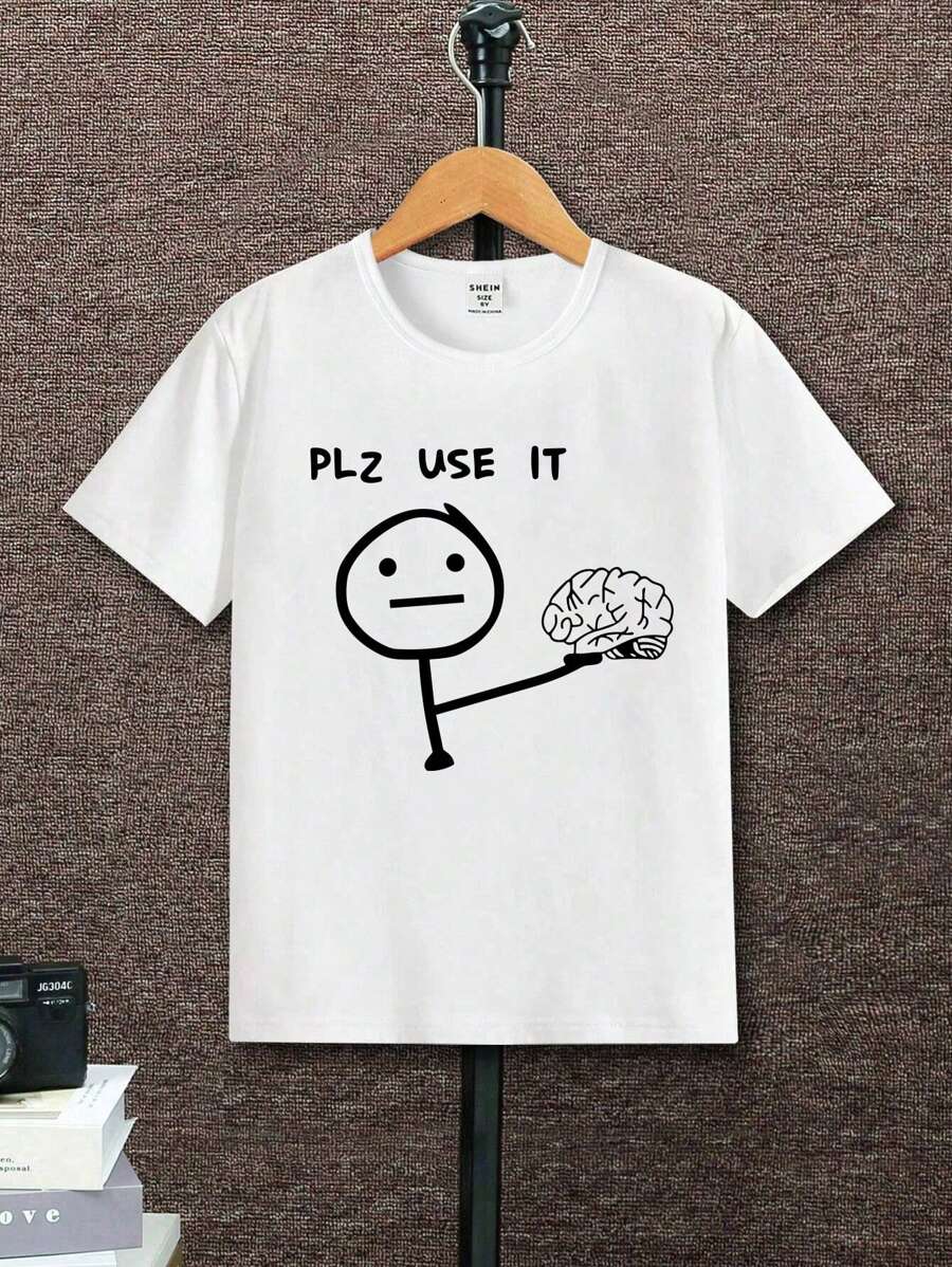 SHEIN 1 件 Tween 男孩有趣圖案印花基本款圓領短袖 T 卹 - 白色 - 查看 1