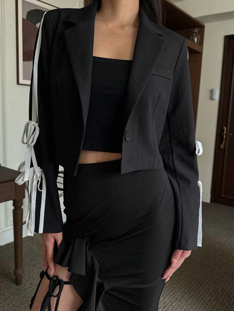 Women's Contrast Tape Single-Breasted Casual Long Sleeve Blazer, Fall Business Attire