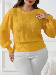 CosyJoli Suéter de punto de jacquard amarillo de manga farol, de cuello redondo y manga larga, elegante estilo universitario, para invierno. Suéter de invierno para adolescentes