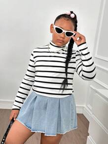 SHEIN Tween Girls Extended Size Basic Casual Ribbed Turtleneck Long Sleeve T-Shirt