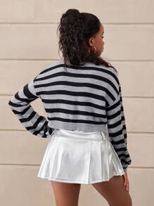 SHEIN Explorewe Teen Girl Star & Stripe Pattern Round Neck Dropped Shoulder Long Sleeve Cropped Casual Sweater, Spring & Autumn - Grey - View 2