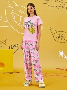 TOM & JERRY X SHEIN 1set Naisten Piirretty Lyhythihainen T-paita Ja Pitkät Housut yöasut Pyjama Setti - Vaaleanpunainen - Näytä 5