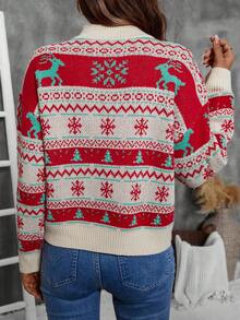 Chiquease Christmas Elk Pattern Long Sleeve Color Block Sweater, Casual Daily Wear - Multicolor - View 2