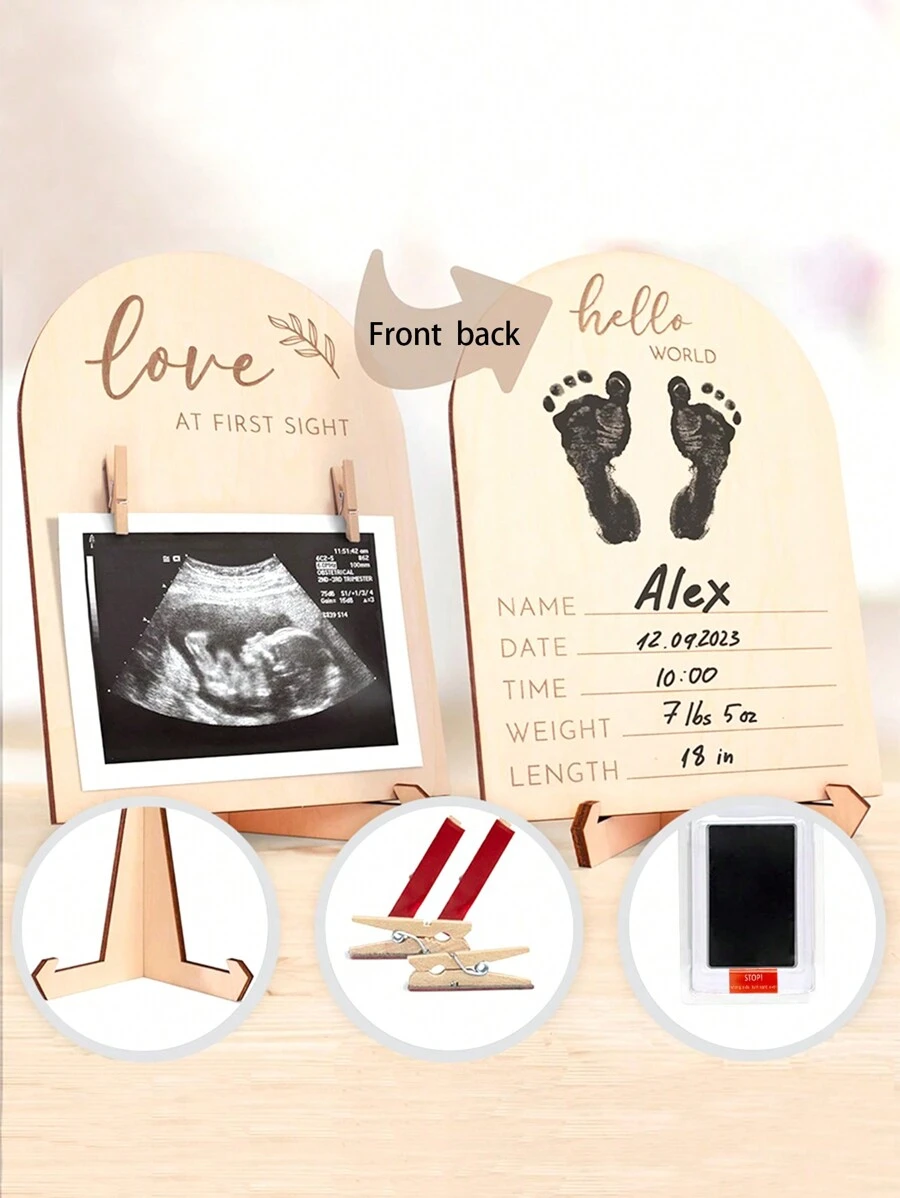 Accesorios fotográficos de recién nacido para niña en madera, disco de anuncio de nacimiento, letrero personalizado con nombre, recuerdo, marco de imagen de ultrasonido del embarazo - Multicolor - Ver 1