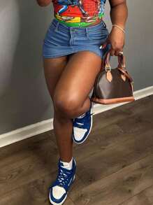 Black Skinny Denim Mini Skirt - Medium Wash - View 3