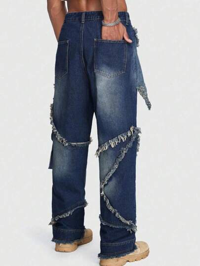 ROMWE Avant Jeans Para Hombres Con Bolsillos De Carga Con Solapa Y Un Corte Holgado Sin Acabado En Los Bordes