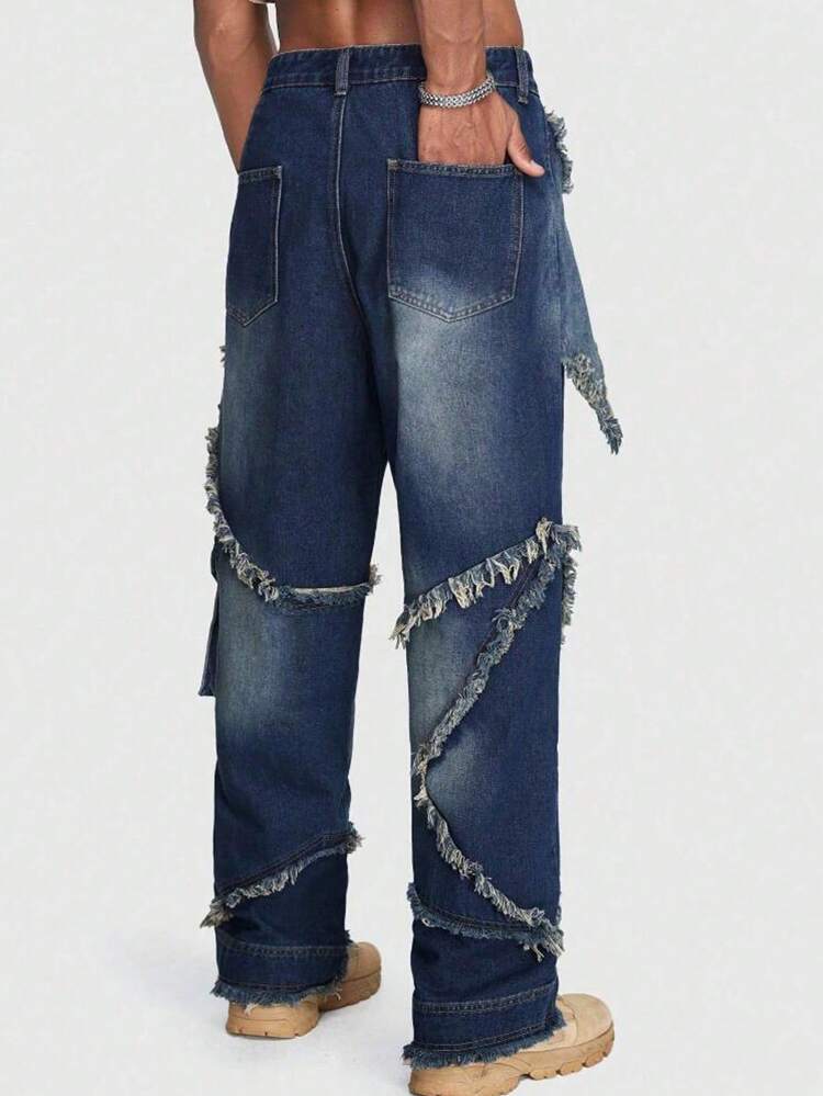 Men Raw Trim Flap Pocket Cargo Baggy Jeans