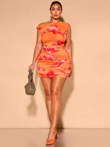 SHEIN BAE 大码女式夏季印花优雅乡村度假约会海滩女士短款连衣裙，女士生日连衣裙 - 橘色 - 查看 6