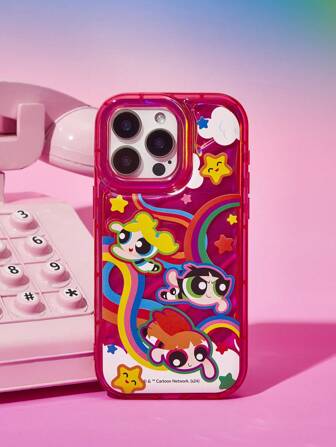 THE POWERPUFF GIRLS X SHEIN Red Semi-Transparent Cute Cartoon Figure Pattern Laser Protective Phone Case,Compatible With IPhone,Y2k