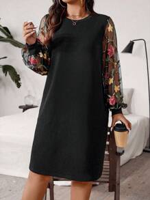 大尺碼花卉刺繡圓領長袖簡約時尚連衣裙 - 黑色 - 查看 4