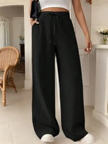 SHEIN Frenchy 女士抽绳口袋直筒阔腿舒适休闲优雅裤亚麻条纹长裤教师裤教师服装秋季服装返校通勤简约办公室老款简约 - 黑色 - 查看 3