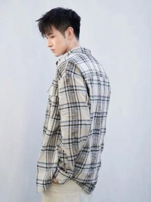 DAZY 秋季男士休闲格子口袋长袖衬衫 - 卡其色 - 查看 9