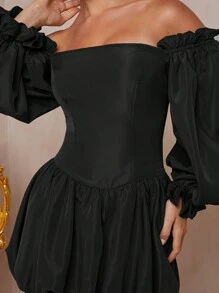 L'Amorae Đầm mini trễ vai tay đèn lồng viền phồng - màu đen - Xem 3