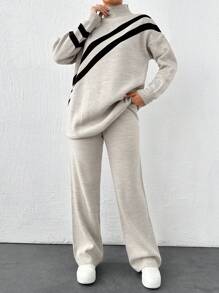 EURMUSE Striped Pattern Mock Neck Sweater & Knit Pants - Grey - View 4