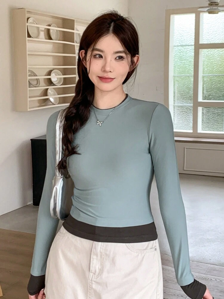 Ladies' Spring/Summer Collared Long Sleeve Contrast Color Casual T-Shirt Sheer,Fall Clothes