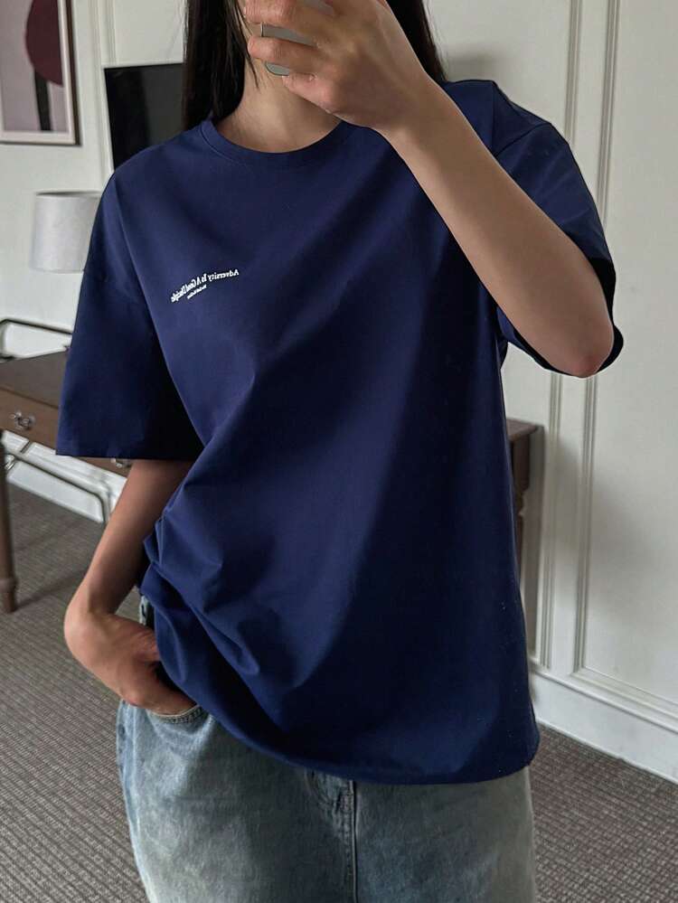 Women's Summer Slogan Print Round Neck Dropped Shoulder Loose Casual T-Shirt Oversized T-Shirt