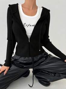 DAZY Women's Slim Solid Color Hooded Long Sleeve Cardigan,Long Sleeve Tops,Fall Clothes,Back To School Clothes Jacket - Black - View 3