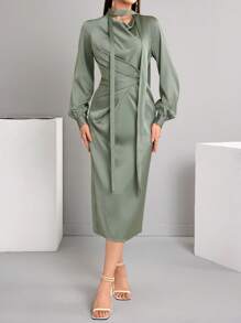 Modelyn 女士优雅纯色灯笼袖裹身裙春秋长款晚礼服