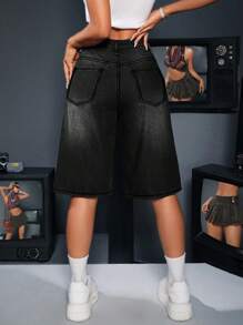 SHEIN ICON 女士宽松休闲百慕大牛仔短裤 - 黑色 - 查看 5