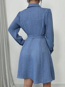 Almamuse Robe mi-longue élégante pour femmes avec manches longues, taille froncée à cordon de serrage et boutons devant - Bleu azur - Voir 2