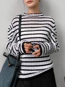 FRIFUL Suéter casual, cómodo y holgado con diseño de rayas, cuello alto y manga larga para mujer, ropa de otoño - Blanco y Negro - Ver 4