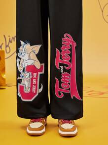 TOM & JERRY X SHEIN Pantalones anchos de cintura elástica con estampado de letra y dibujos animados para mujer, de uso casual