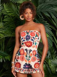 Travachic 1 件女式编织花卉印花无袖连体裤 - 彩色 - 查看 4