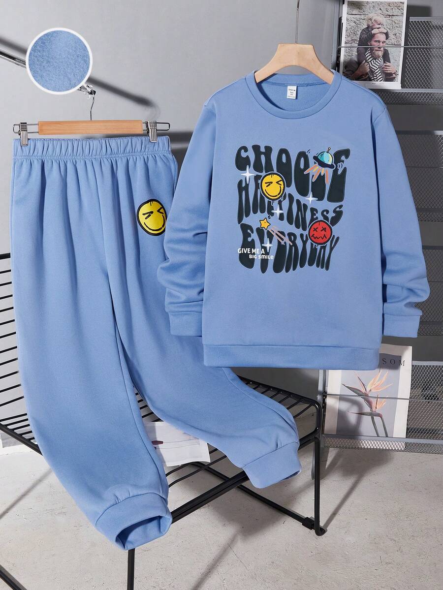 SHEIN 2pcs Teen Boys' Casual Navy Blue English Smiling Face & UFO Print