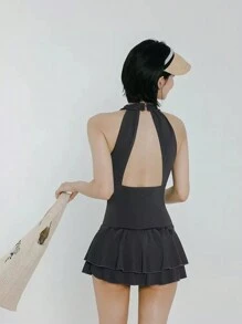 DAZY 女士纯色简约露肩连体泳衣夏季海滩 - 黑色 - 查看 2