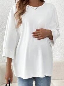 SHEIN Maternity Solid Color Crew Neck Loose T-Shirt - White - View 4