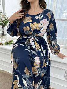 Lacomfia Gaun Panjang Bermotif Bunga Ukuran Besar dengan Sabuk, Gaun Maxi Wanita Motif Acak, Pakaian Musim Gugur untuk Wanita - Navy Blue - View 5