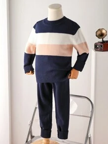 Young Boy Round Neck Long Sleeve Striped Contrast Color Sweater And Straight Casual Pants Set - Royal Blue - View 1