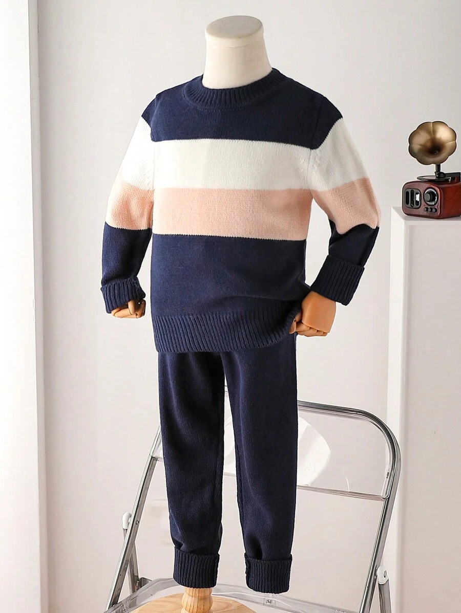 Young Boy Round Neck Long Sleeve Striped Contrast Color Sweater And Straight Casual Pants Set - Royal Blue - View 1