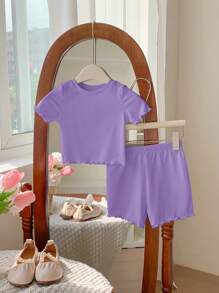 SHEIN LMoss Kids LMoss 6件套女婴纯色针织短袖上衣和松紧腰短裤休闲装 - 綠色 - 查看 5