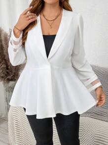 SHEIN Clasi Plus Size Shawl Collar Button Front Mesh Panel Long Sleeve Simple Blazer For Casual Daily Wear - White - View 1