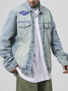 Manfinity Roughcore Jaket Denim Lengan Panjang Pria Warna Polos dengan Saku Tempel dan Kancing Depan - Biru - View 4