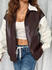 SHEIN EZwear Chaqueta de PU con cremallera y hombros descubiertos, casual y elegante - Blanco y Negro - Ver 7
